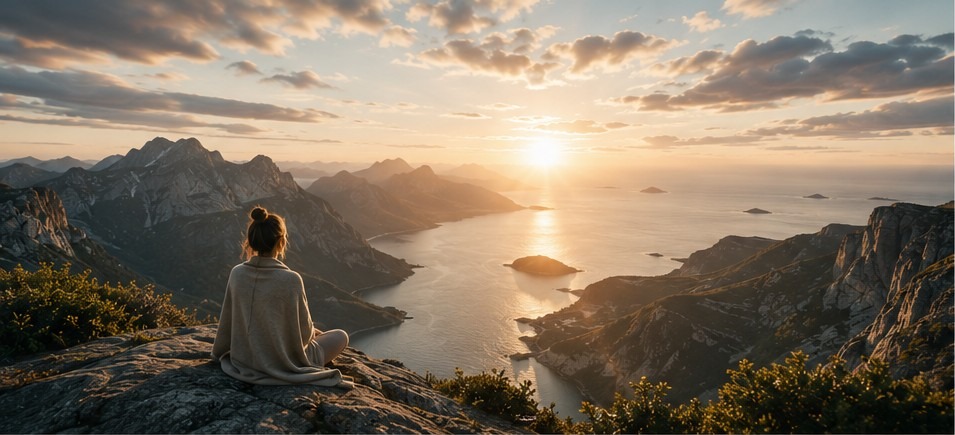 A peaceful mountain and coastal landscape at sunrise